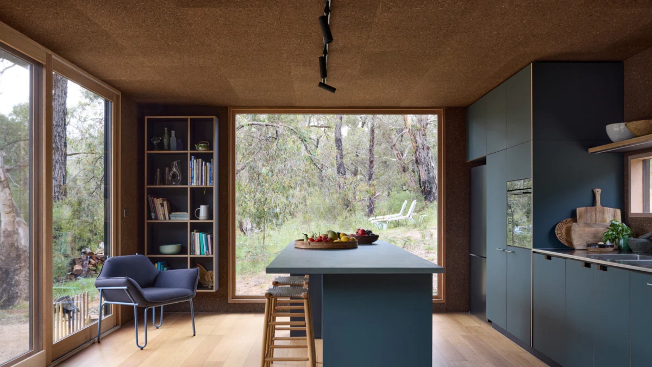 Cork wall panels creating texture and warmth in a contemporary interior.