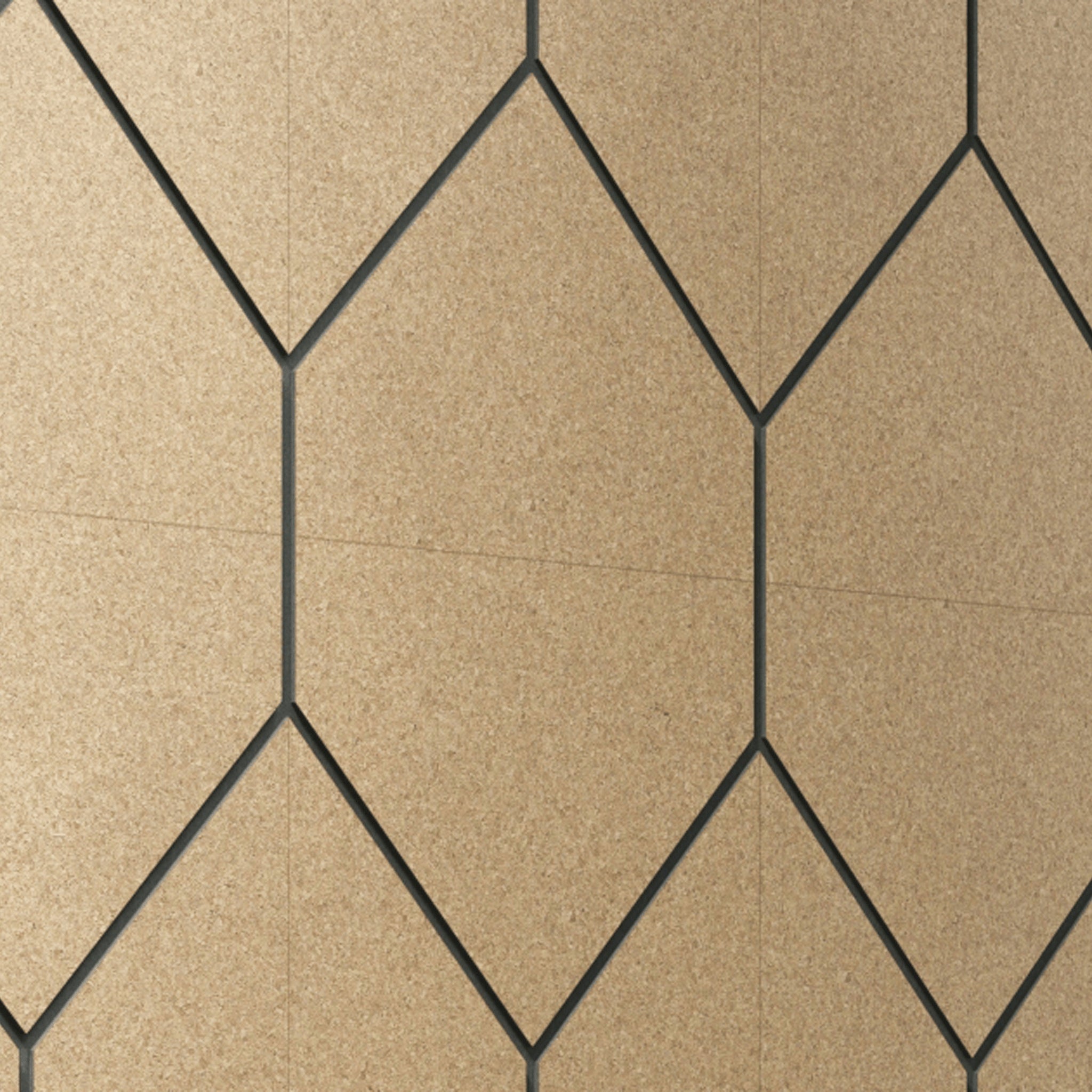 Linear-grooved, recycled cork panels forming a rhythmic honeycomb design that radiates warmth and natural harmony.