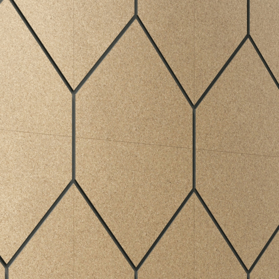 Linear-grooved, recycled cork panels forming a rhythmic honeycomb design that radiates warmth and natural harmony.