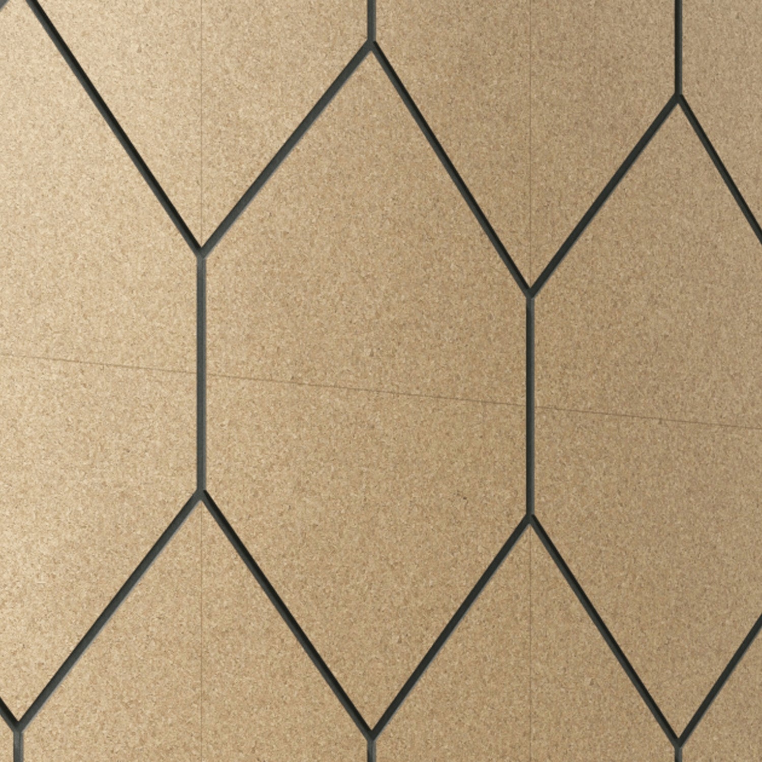 Linear-grooved, recycled cork panels forming a rhythmic honeycomb design that radiates warmth and natural harmony.