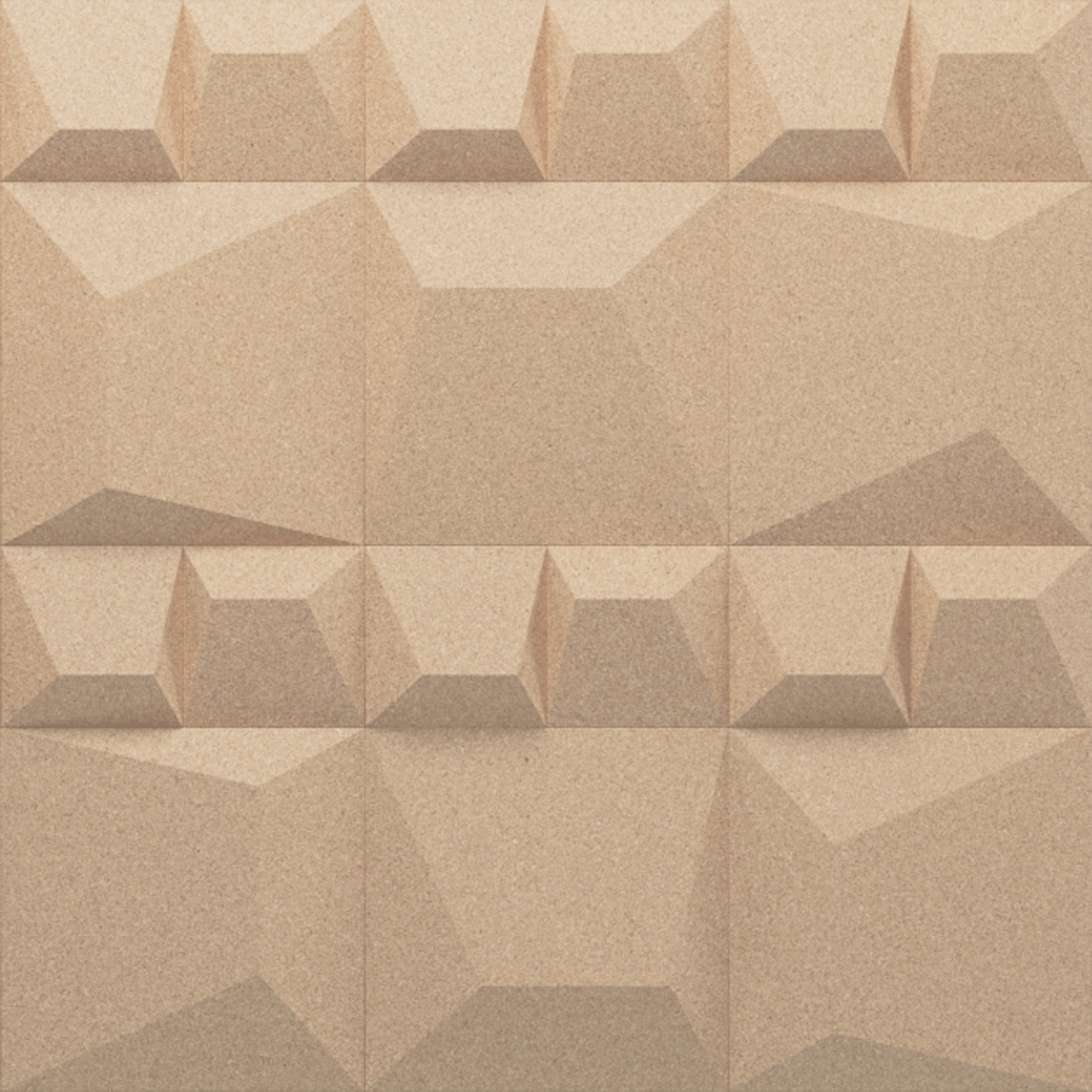 Sculpted cork tiles that play with light and shadow, creating depth, texture, and acoustic comfort.